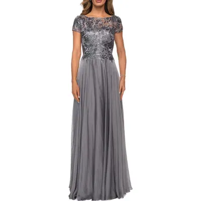 La Femme Short Sleeve Metallic Lace Evening Dress With Chiffon Skirt In Platinum