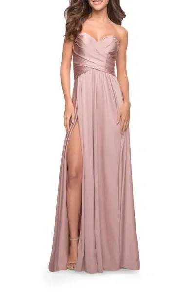 La Femme Simple Strapless Jersey Dress With High Slit In Mauve