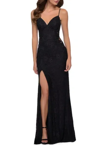 La Femme Sleek Lace Long Dress With Sheer Sides And Open Back In Black