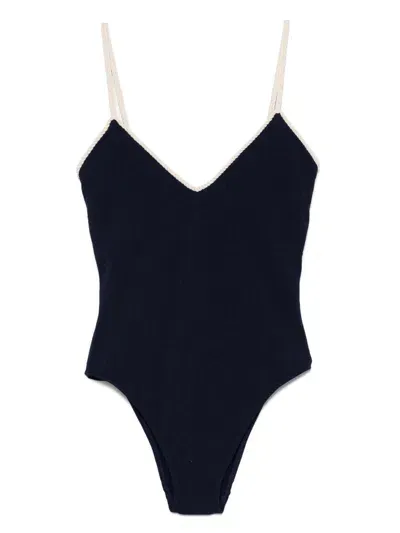 La Perla Monogram-jacquard V-neck Swimsuit In Blue