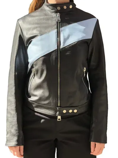 La Rose Leather Bomber Black In Black/baby Blue