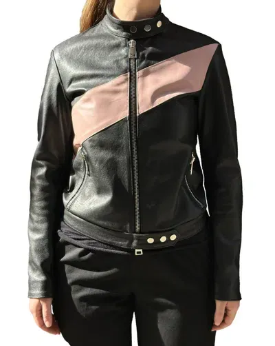 La Rose Leather Bomber Black In Black/baby Pink