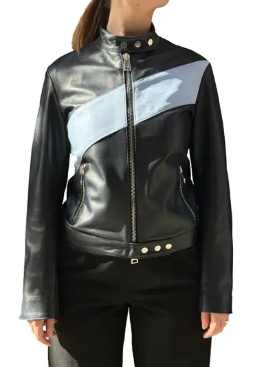 La Rose Leather Bomber Black In Blue/baby Blue