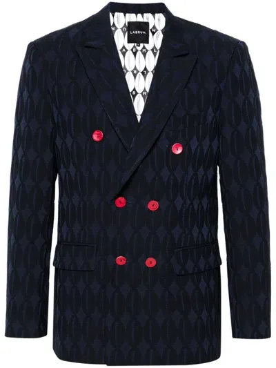 Labrum London Double-breasted Monogram-jacquard Blazer In Blue