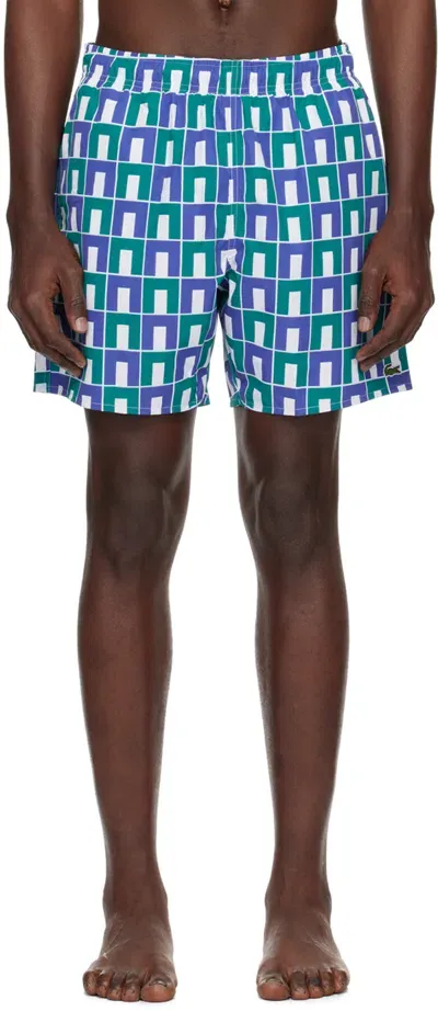 Lacoste Blue & Green Printed Swim Shorts In White/blue/green