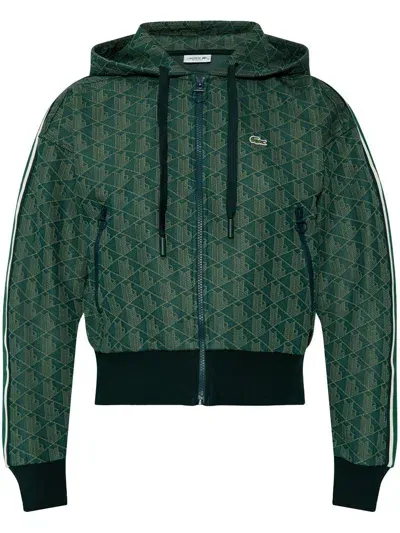 Lacoste Jacquard Monogram Hooded Jacket In Green