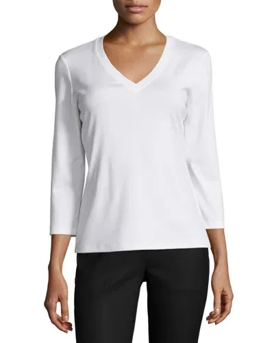 Lafayette 148 Swiss Cotton Rib V-neck Tee In White