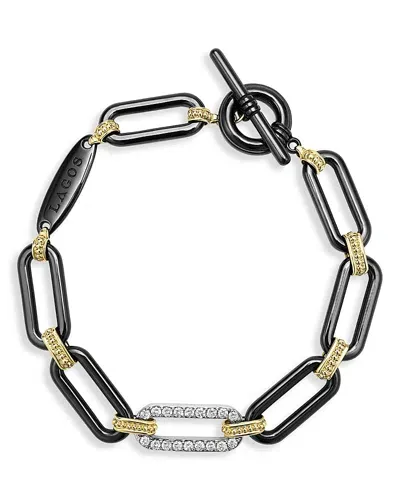 Lagos 18k Yellow Gold & Black Ceramic Diamond Station Link Bracelet In Black/white