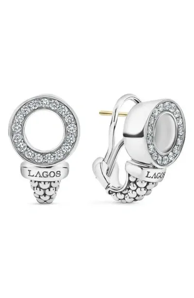 Lagos Caviar Spark Diamond 13mm Circle Omega Clip Earrings In Silver