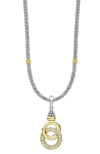 Lagos Signature Caviar Two-tone Interlocking Diamond Pendant Necklace In Gold/silver