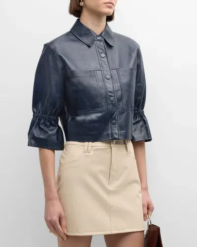 Lamarque Carolina Cropped Ruffle-sleeve Leather Jacket In Navy