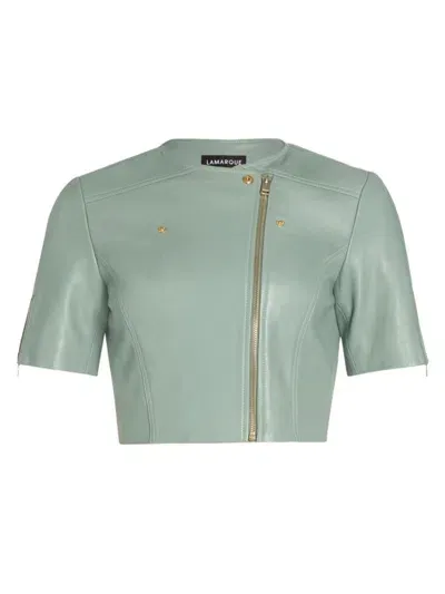 Lamarque Kirsi Short-sleeve Cropped Leather Biker Jacket In Eucalyptus