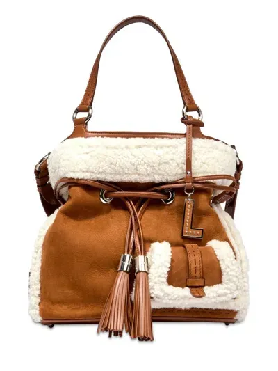 Lancel Medium Premier Flirt Shearling-trim Bucket Bag In Brown