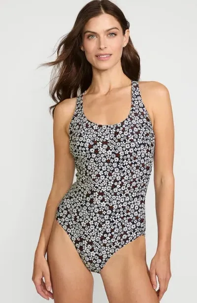 Lands' End Chlorine Resistant Scoop Neck X-back High Leg Soft Cup Tugless Sporty One Piece Swimsuit In Deep Sea Navy Ditsy Floral