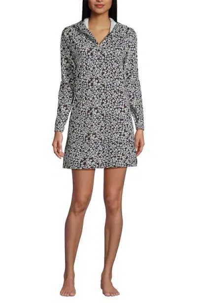 Lands' End Cotton Jersey Long Sleeve Hooded Swim Cover-up Dress In Deep Sea Navy Ditsy Floral