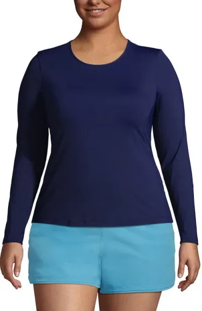 Lands' End Plus Size Crew Neck Long Sleeve Rash Guard Upf 50 Sun Protection Swim Tee In Deep Sea Navy