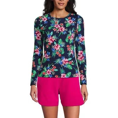 Lands' End Crew Neck Long Sleeve Rash Guard Upf 50 Sun Protection Swim Tee In Deep Sea Navy Rosella Floral