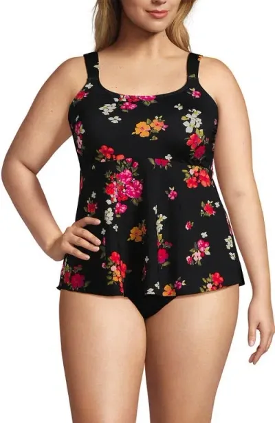 Lands' End Plus Size Flutter Scoop Neck Tankini Top In Black Meadow Floral