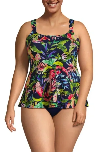 Lands' End Plus Size Flutter Scoop Neck Tankini Top In Navy/prism Pink Multi Palm