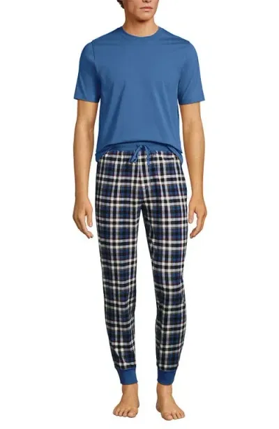 Lands' End Knit Jersey Pajama Sleep Set In Mariner Blue/ivory Plaid