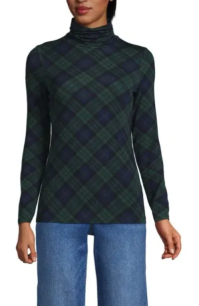 Lands' End Lightweight Jersey Skimming Long Sleeve Turtleneck In Deep Forest Blackwatch Plaid