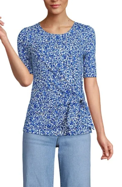 Lands' End Lightweight Jersey Tie Front Top In Ivory/vista Blue Flowers