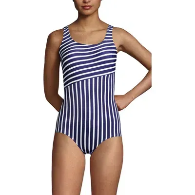 Lands' End Long Chlorine Resistant Scoop Neck Soft Cup Tugless Sporty One Piece Swimsuit In Deep Sea/white Media Stripe