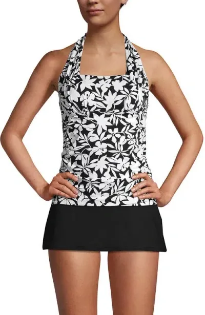 Lands' End Long Chlorine Resistant Square Neck Halter Tankini Swimsuit Top In Black Havana Floral