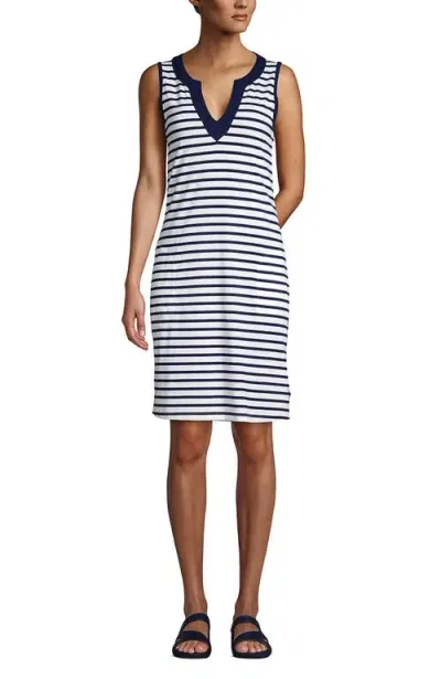 Lands' End Long Cotton Jersey Sleeveless Swim Cover-up Dress Print In White/deep Sea Stripe