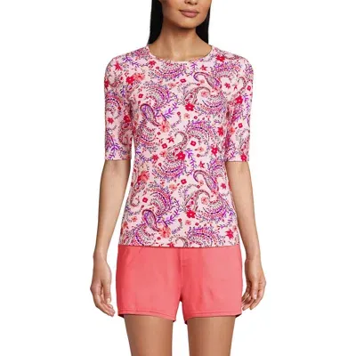 Lands' End Long Crew Neck Rash Guard Upf 50 Sun Protection Swim Tee In Wood Lily Multi Floral Paisley