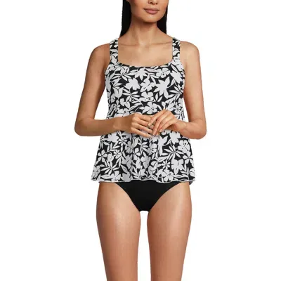 Lands' End Long Flutter Scoop Neck Tankini Top Comfort Adjustable Straps In Black Havana Floral