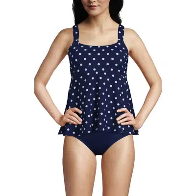 Lands' End Long Flutter Scoop Neck Tankini Top Comfort Adjustable Straps In Deep Sea Polka Dot