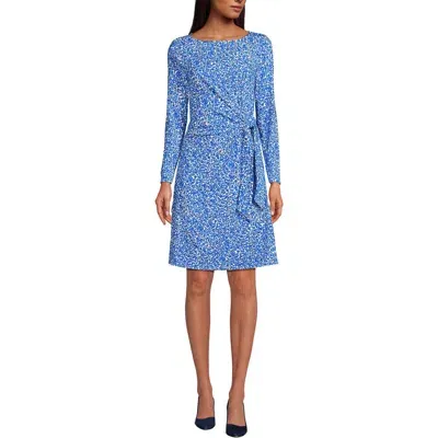 Lands' End Long Sleeve Lightweight Cotton Modal Boatneck Tie Waist Dress In Blue Jay Flowers