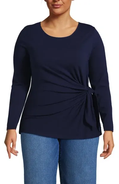 Lands' End Plus Long Sleeve Lightweight Tie Front Top In Deep Sea Navy