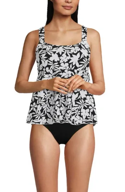 Lands' End Mastectomy Flutter Scoop Neck Tankini Top Comfort Adjustable Straps In Black Havana Floral