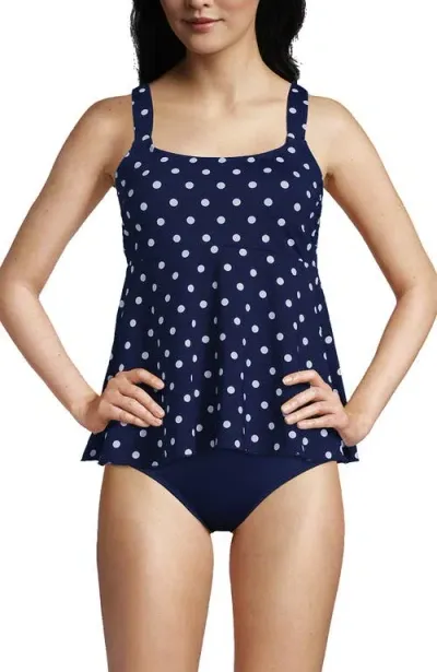 Lands' End Mastectomy Flutter Scoop Neck Tankini Top Comfort Adjustable Straps In Deep Sea Polka Dot