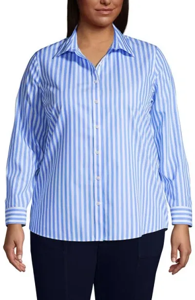 Lands' End Plus Size No Iron Button Front Shirt In Chicory Blue Stripe