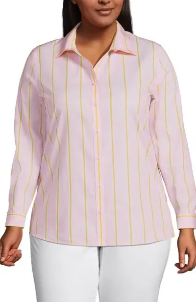 Lands' End Plus Size No Iron Button Front Shirt In Simply Pink Accent Stripe