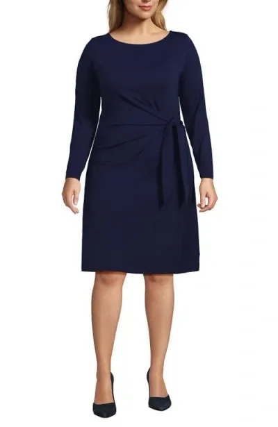 Lands' End Plus Size Boatneck Long Sleeve Tie Waist Dress In Blue