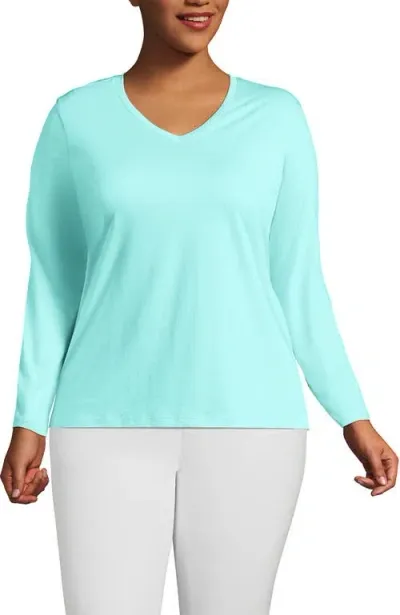 Lands' End Plus Size Relaxed Supima Cotton Long Sleeve V-neck T-shirt In Pale Aqua Ice