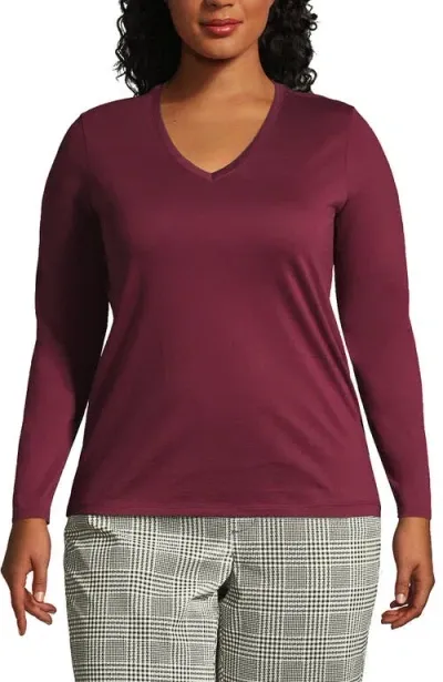 Lands' End Plus Size Relaxed Supima Cotton Long Sleeve V-neck T-shirt In Red