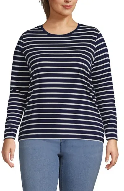 Lands' End Plus Size Relaxed Supima Cotton Long Sleeve Crew Neck T-shirt In Deep Sea Navy Breton Stripe