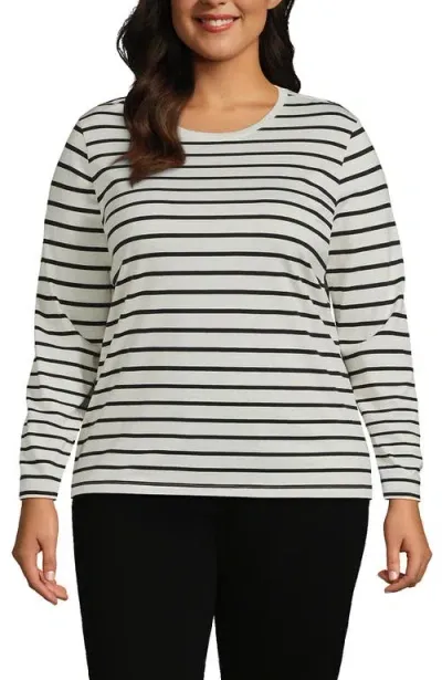 Lands' End Plus Size Relaxed Supima Cotton Long Sleeve Crew Neck T-shirt In Ivory/black Breton Stripe