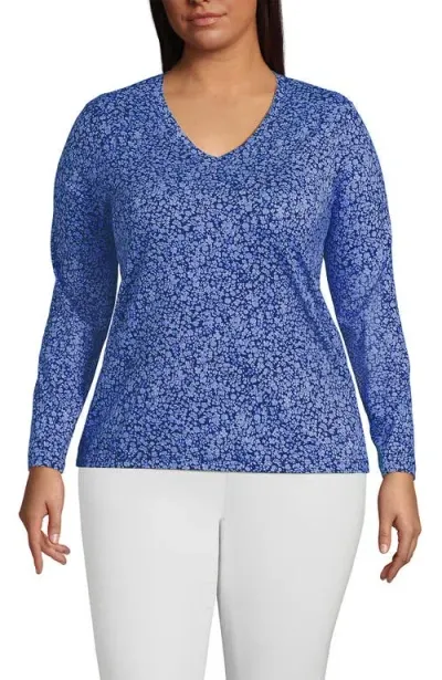 Lands' End Relaxed Supima Cotton Long Sleeve V-neck T-shirt In Deep Sea Navy Flowers