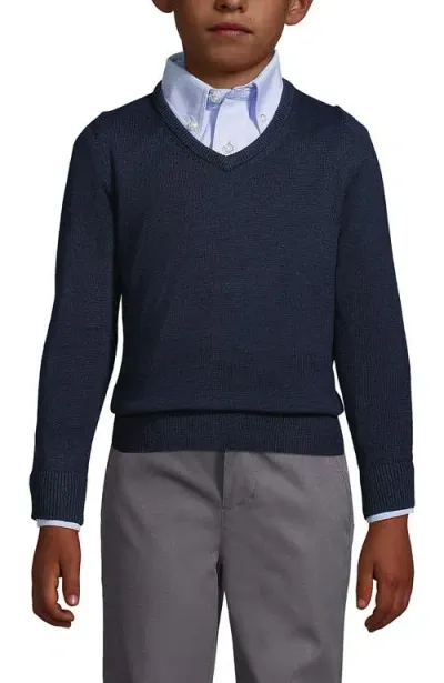 Lands' End Kids'  School Uniform Boys Cotton Modal Fine Gauge V-neck Sweater In Classic Navy