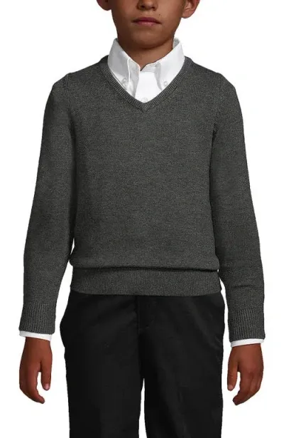 Lands' End Kids'  School Uniform Boys Cotton Modal Fine Gauge V-neck Sweater In Coal Heather