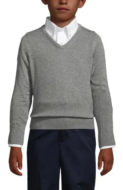 Lands' End Kids'  School Uniform Boys Cotton Modal Fine Gauge V-neck Sweater In Pewter Heather