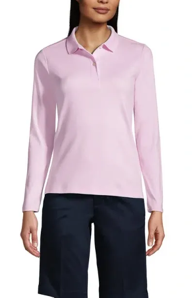 Lands' End School Uniform  Long Sleeve Feminine Fit Interlock Polo Shirt In Ice Pink