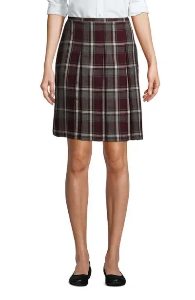 Lands' End School Uniform Young  Plaid Box Pleat Skirt Top Of The Knee In Burgundy/gray Plaid