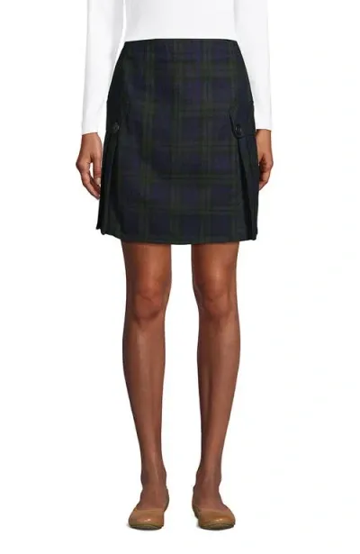 Lands' End School Uniform Girls Plus Side Pleat Plaid Skort Above The Knee In Classic Navy/evergreen Plaid